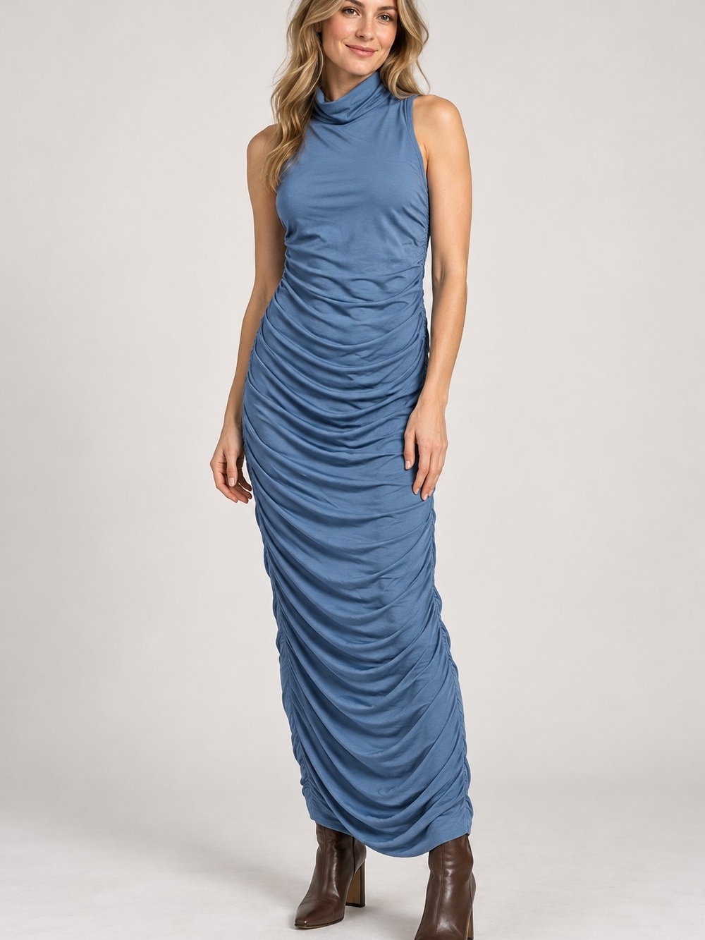 Everly Sleeveless Ruched Maxi Dress in Dusty Blue Size Large